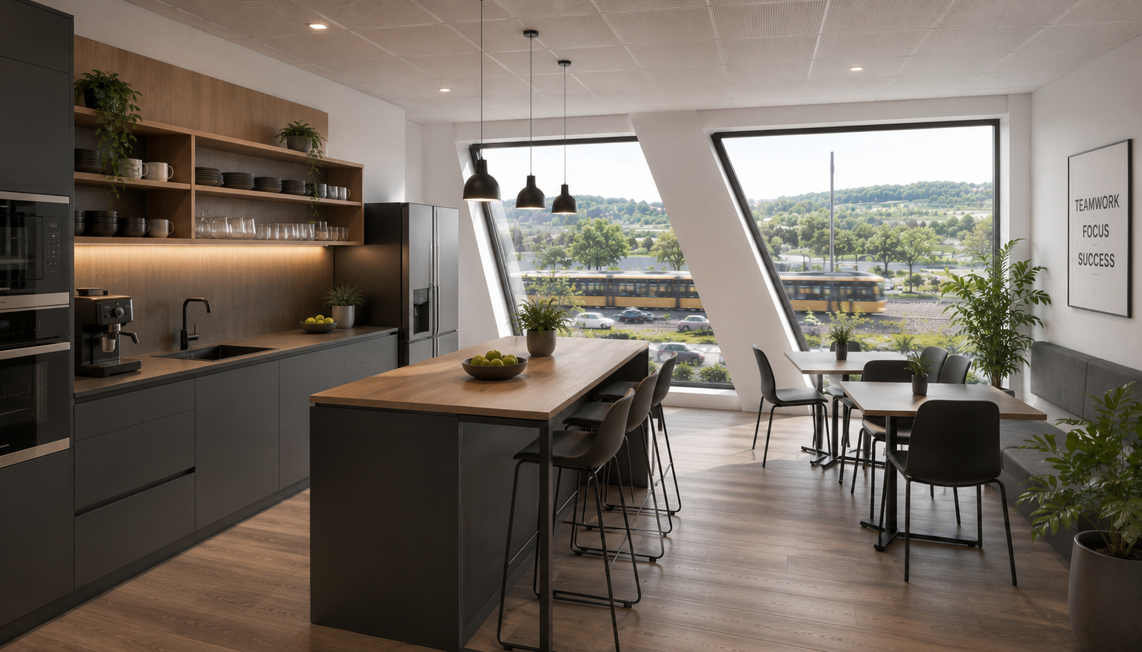 Zukunftsweisende Bürofläche im Neubau „Güterbahnhof Malsch“ - Visualisierung_Küche